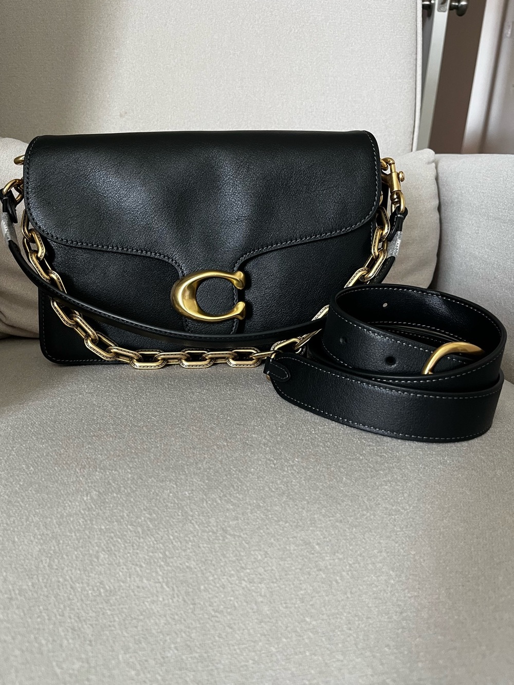 Coach Black Chain Tabby Leather Shoulder Bag with Gold Chain